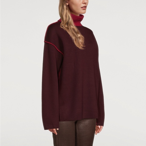 Victoria Victoria Beckham Wool Oversized Piped Turtleneck Sweater Iron Red Small - Picture 3 of 12